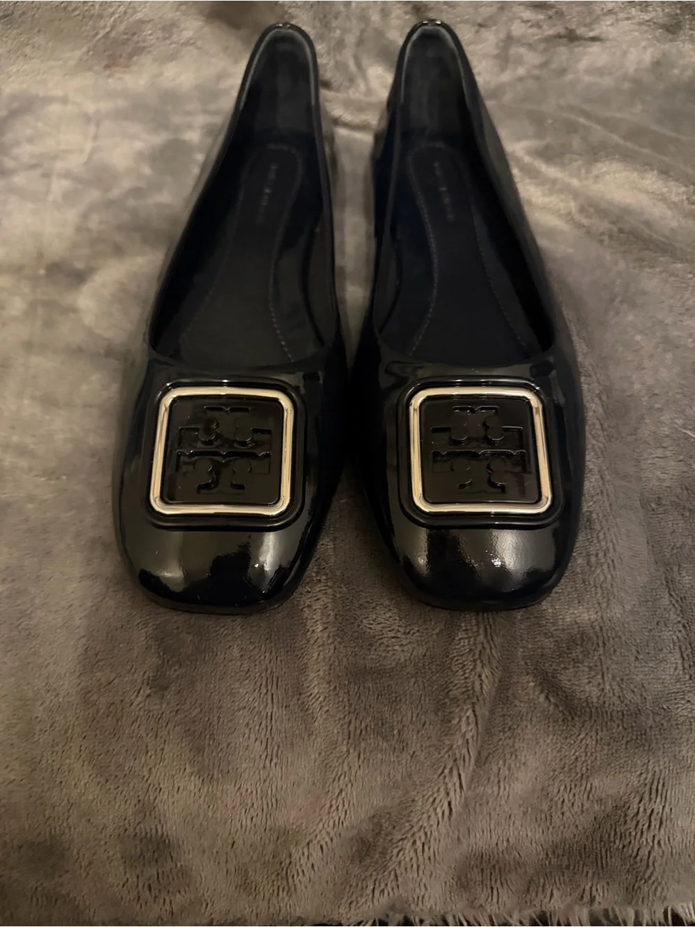 Tory Burch Black Patent Logo Square-Toe Flats with Silver Plaque